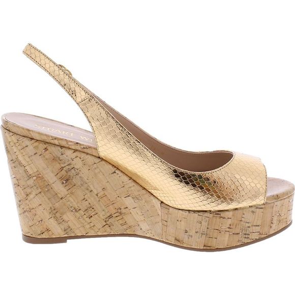 Stuart Weitzman Womens Riveria Gold Leather Platform Wedge Sandals Shoes NWT - Picture 3 of 3